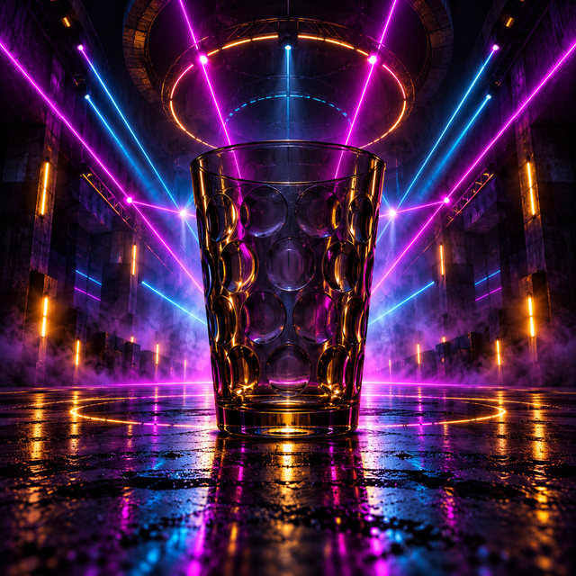 KI-generierte Coverillustration: dunkles Dubbeglas im Industrial-Club mit violetten und blauen Laserstrahlen.