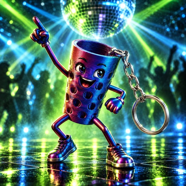 Blau-pink metallischer tanzender Dubbeglas-Schlüsselanhänger im Club, mit Discokugel und farbigen Lichtstrahlen.