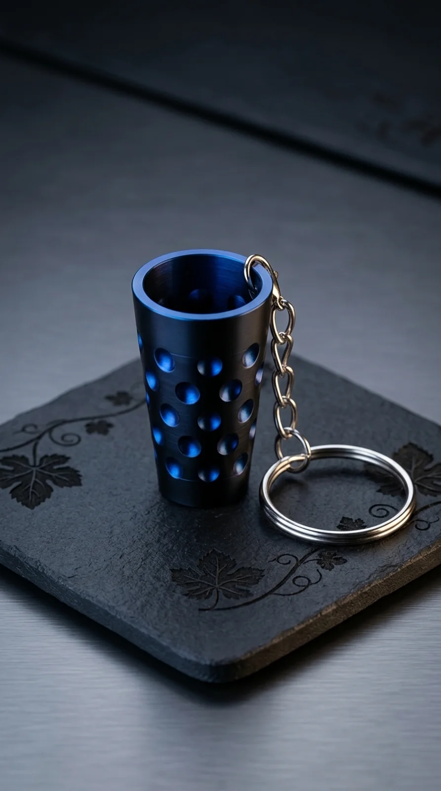 Eigenes, mit KI bearbeitetes Produktfoto des Dubbeglas-Schlüsselanhängers Blau-Schwarz Metallic