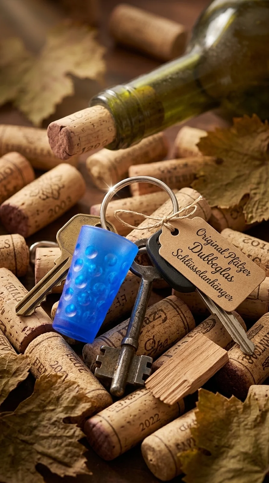 Eigenes, mit KI bearbeitetes Produktfoto des Dubbeglas-Schlüsselanhängers Blau Transparent